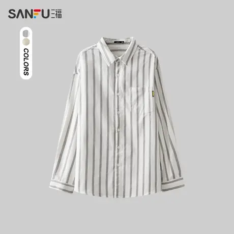 三福2023冬男士灯芯绒条纹长衬衫 时尚宽松翻领纯棉上衣476228图片