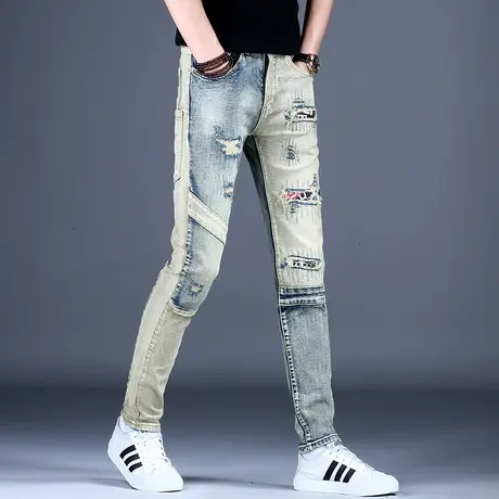 男士拼接破洞补丁牛仔裤男款修身小脚裤子2023新款机车裤秋款男裤商品大图