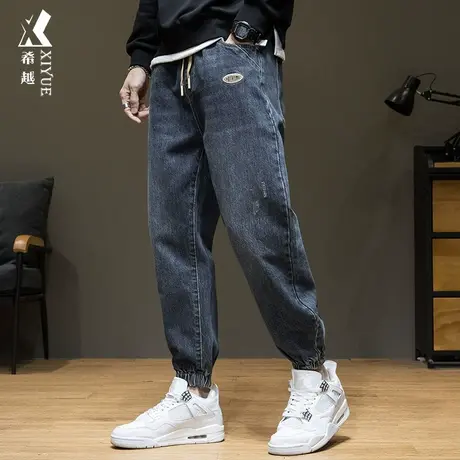 希越秋季新款复古牛仔裤男款松紧腰抽绳宽松大码束脚秋冬加绒男裤商品大图