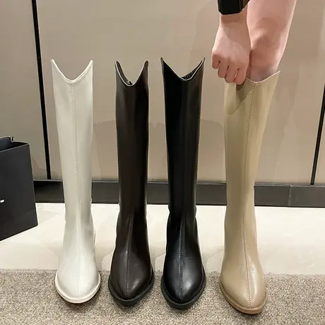 长筒靴女夏尖头2023年新款单靴白色高筒靴显瘦骑士靴不过膝长靴子商品大图