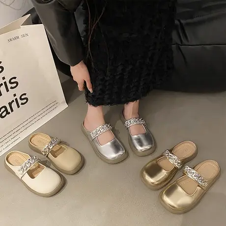 网红时尚链条包头半拖鞋女2023夏季新款平底穆勒单鞋法式凉拖ins商品大图