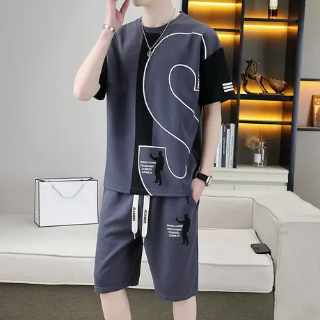 短袖套装男夏季半袖T恤短裤两件装加肥加大码宽松学生休闲运动服图片
