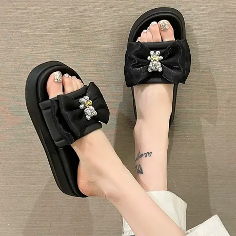 可爱小熊蝴蝶结凉拖鞋女夏季时尚外穿增高厚底防滑沙滩松糕一字拖商品大图