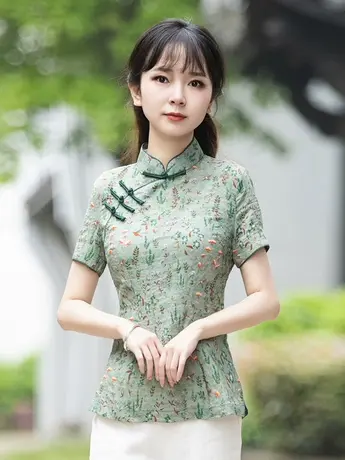 筠雅唐装夏装女旗袍上衣女夏中式盘扣茶服改良短袖复古棉麻女装商品大图