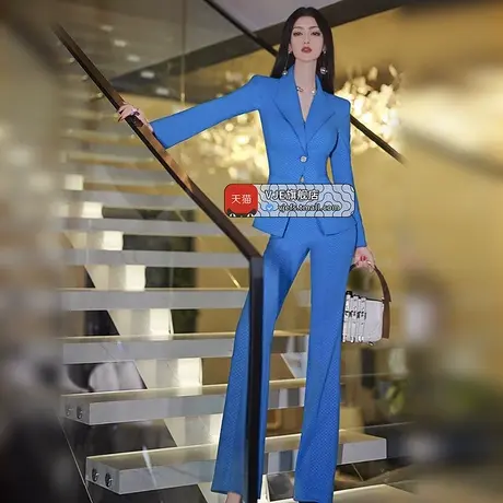 VJE初秋欧美OL格子小西服微喇叭西裤两件套2023新款正装西装套装图片