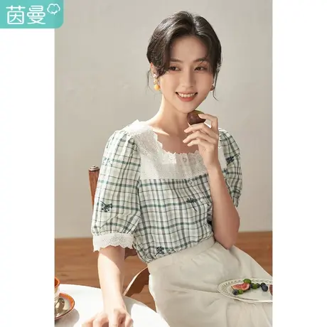 【商场同款】茵曼2023春女装新款法式格子绣花花边方领衬衫衬衣图片