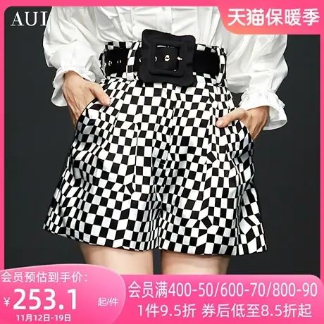 AUI格子设计感小众阔腿短裤女2023夏季新款宽松休闲洋气炸街裤子商品大图