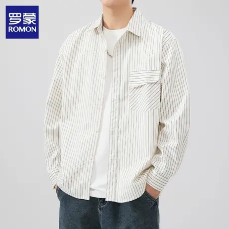 罗蒙衬衫男士长袖条纹休闲2024春季新款潮流帅气宽松百搭纯棉衬衣图片