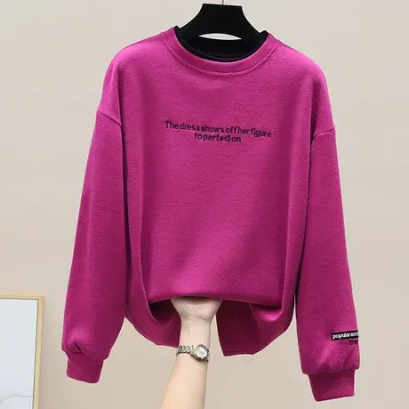 百搭网红字母刺绣卫衣圆领假两件卫衣韩版套头宽松春秋新款上衣潮商品大图