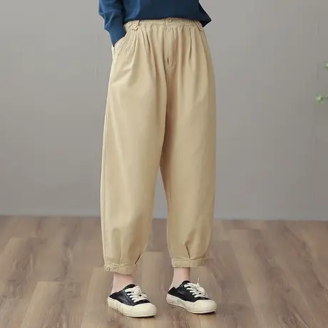 dza 高腰显瘦卡其色直筒工装裤女士宽松阔腿收脚裤休闲九分哈伦裤图片