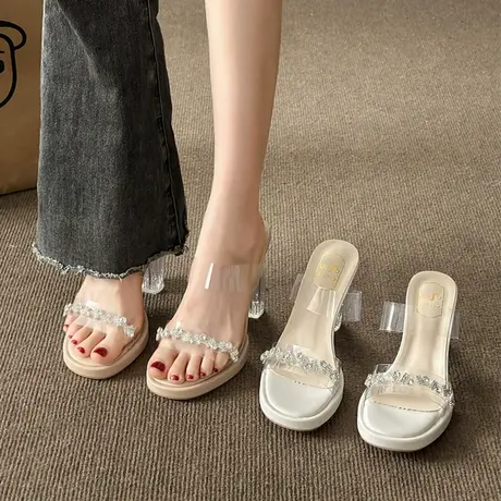配裙子凉鞋女2025新款夏季外穿法式水钻粗跟水晶凉拖鞋透明高跟鞋图片