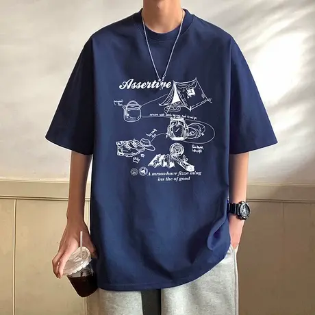 重磅纯棉潮牌美式涂鸦印花短袖t恤男夏季2025新款港风宽松半袖ins商品大图