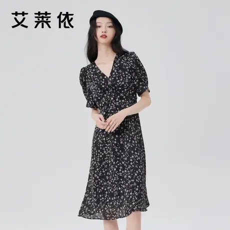 艾莱依商场同款茶歇印花连衣裙女爆款时尚V领法式碎花裙子夏季薄图片