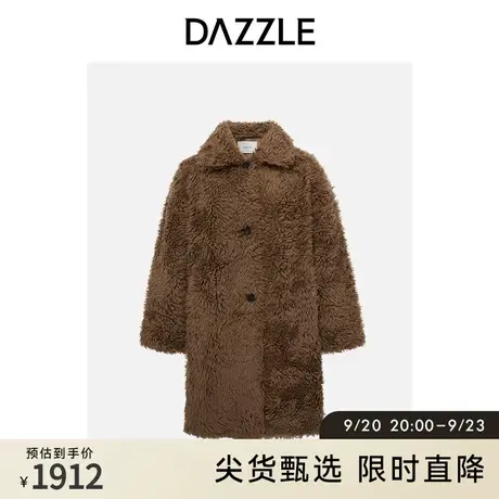 DAZZLE地素奥莱卡其色休闲翻领中长款保暖毛呢外套毛绒外套女图片