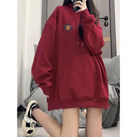 胖mm连帽卫衣女高街oversize慵懒风加绒ins潮酒红色外套上衣商品大图