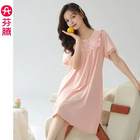 芬腾女士睡裙夏季纯棉短袖薄款睡衣裙女款简约休闲大码家居服中裙商品大图