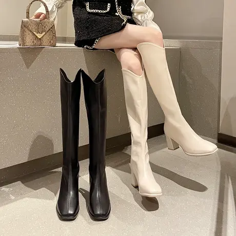 白色长筒靴子女春秋骑士靴2023年新款加绒高跟牛仔不过膝瘦瘦长靴图片