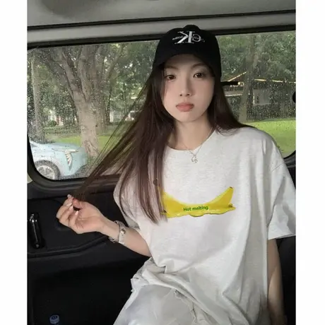 2025新款小个子宽松落肩花灰色短袖t恤女慵懒风减龄纯棉半袖上衣商品大图