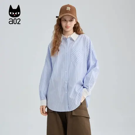 a02宽松蓝色条纹衬衫女2025新款秋季纯棉衬衣通勤设计感秋装上衣图片