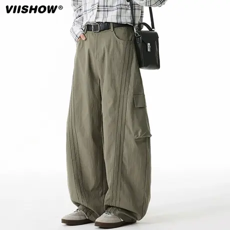 VIISHOW美式复古拼接杠条弯刀裤男秋新款立体大口工装休闲裤潮牌商品大图