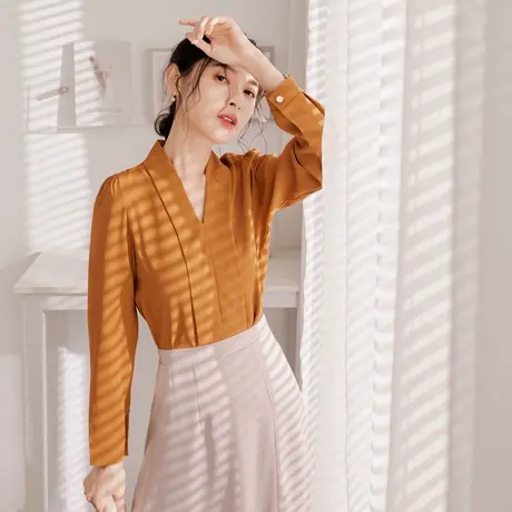 桔熊春季通勤气质v领雪纺衬衫修身抓皱公主袖上衣女装大码AB17590图片