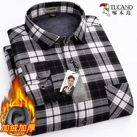 啄木鸟男式新款冬季加绒特厚保暖长袖衬衫中年格子衬衣休闲爸爸装商品大图