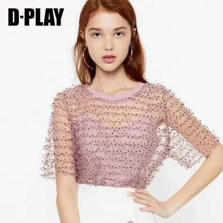 DPLAY德帕拉夏新品欧美粉色圆领镂空宽松清新小衫上衣商品大图