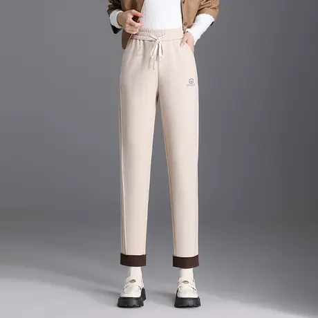 时尚卷边呢子哈伦裤女秋冬2023新款松紧高腰显瘦小直筒裤休闲裤子商品大图