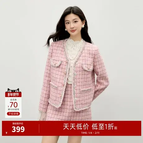 秋水伊人优雅V领外套2025年冬季新款气质经典粗花呢小香风短外套图片