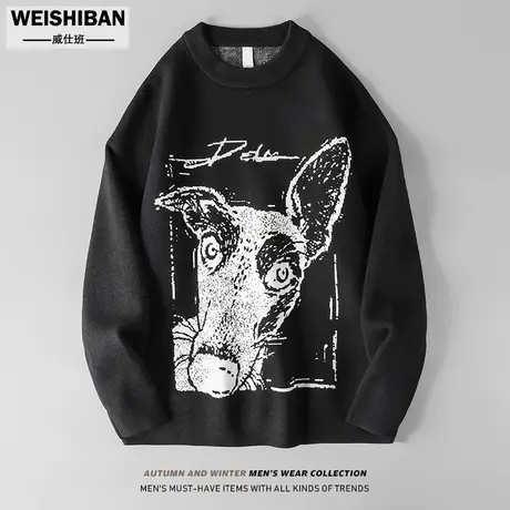 潮牌个性趣味圆领慵懒风针织衫美式休闲秋冬季套头毛衣外穿线衣男图片