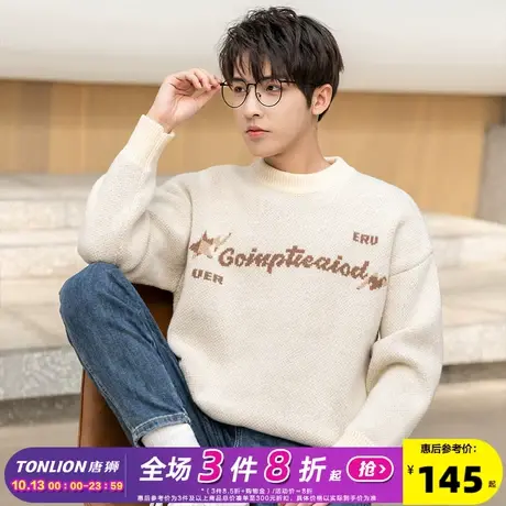 唐狮冬季圆领毛衣男生新款韩系ins小清新青少年男毛线衫图案拼接商品大图