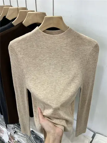 卡其色半高领针织小衫女长袖2023早秋季新款修身纯色打底内搭上衣商品大图