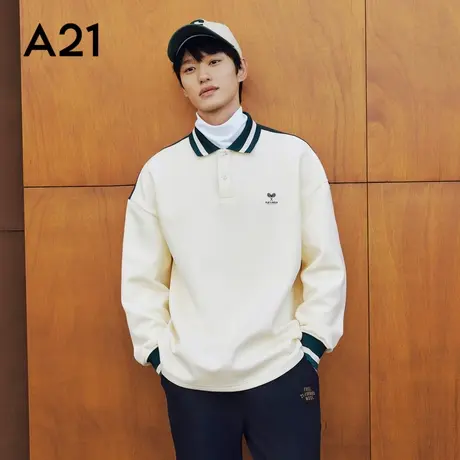 【会员】A21男装宽松翻领POLO衫 2023秋季新款撞色男长袖T恤商品大图