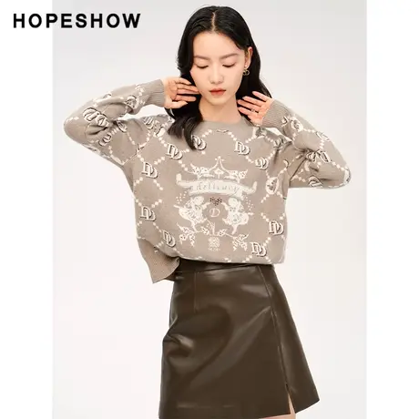 红袖outlets设计感提花套头针织衫hopeshow2023冬款休闲通勤毛衣商品大图