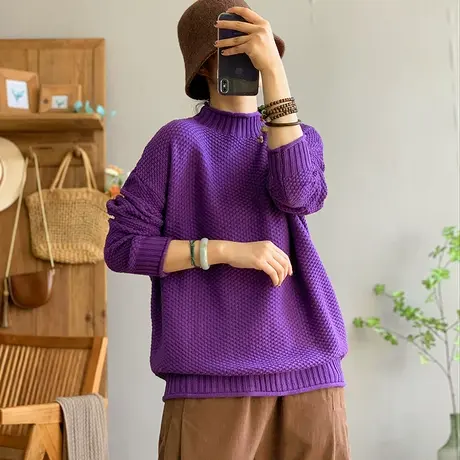 dza 复古半高圆领棉线针织衫女冬内搭打底衫休闲上衣宽松长袖毛衣商品大图