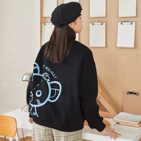 唐狮女款卡通卫衣春秋季圆领宽松设计感外套减龄小个子上衣流行商品大图