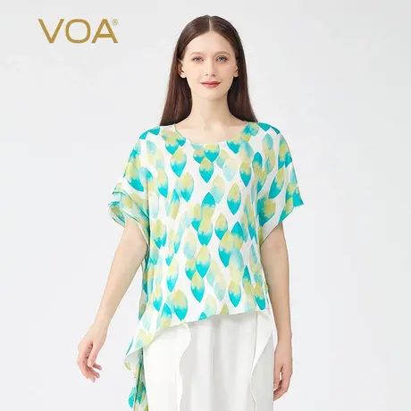 VOA真丝提花一叶绿洲波点圆领不对称设计短袖甜美风格桑蚕丝T恤图片