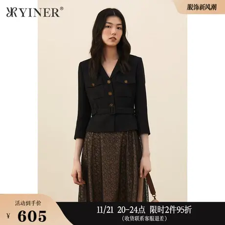 YINER音儿女装秋季桑蚕丝绵羊毛拼接印花V领连衣裙图片