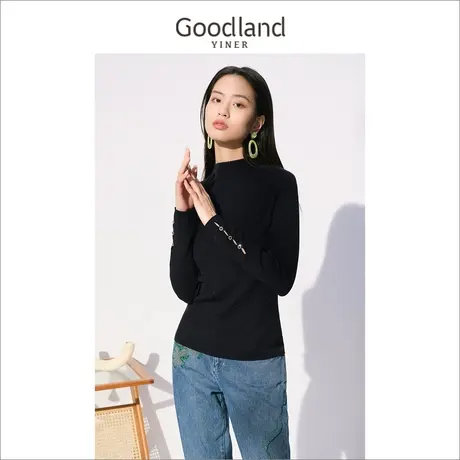 *Goodland美地女装冬半高领套头含羊毛毛衣细珠片针织衫商品大图