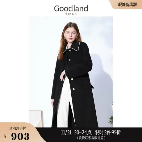 Goodland美地女装冬季钉珠翻领羊绒双面呢大衣高级感绵羊毛外套商品大图