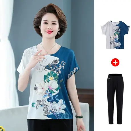 妈妈仿真丝套装2021夏装新款中老年短袖t恤女上衣 中年洋气小衫薄商品大图