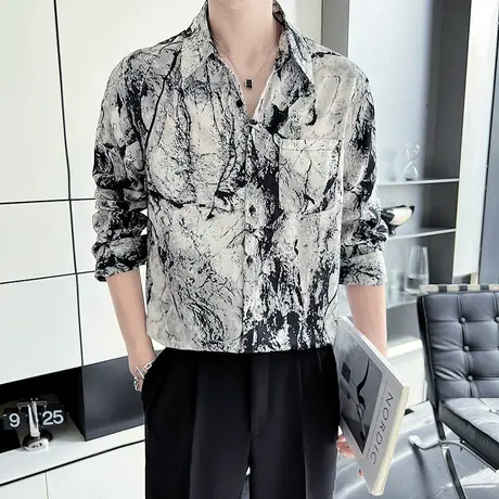 2023秋季新款薄款花色休闲男长袖衬衣垂感宽松痞帅水墨画印花衬衣商品大图