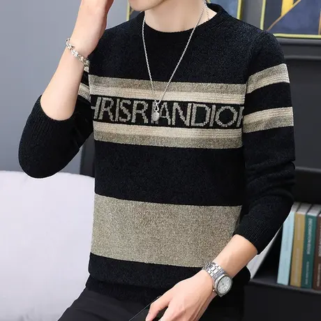 秋季新款雪尼尔毛衣男加绒加厚保暖圆领长袖针织衫撞色拼色衣服潮商品大图