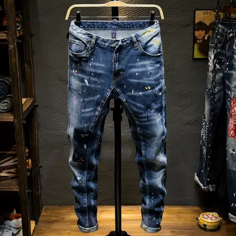 潮牌夏季款牛仔裤男修身小脚男士漆点裤子男学生韩版潮流复古直筒商品大图