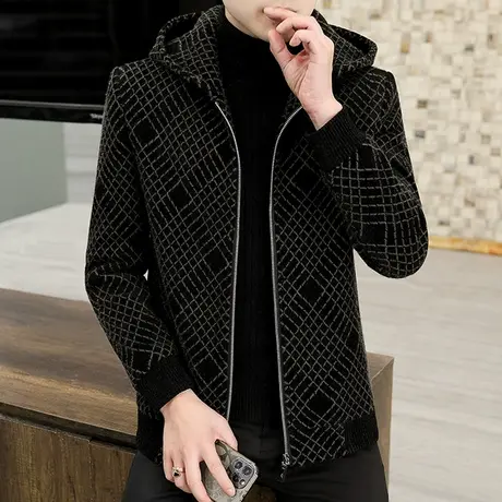 秋冬季加厚休闲夹克外套男士高端痞帅格子金貂绒冬装毛呢男装上衣商品大图