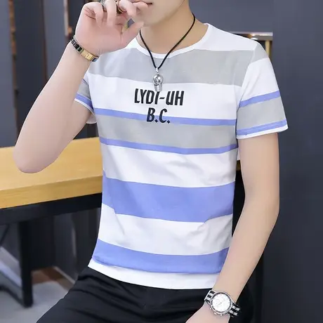 夏季男士短袖t恤男生半袖体恤冰丝打底衫条纹T恤青少年夏装上衣服商品大图