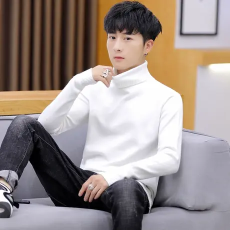 男士纯色高领毛衣韩版修身秋冬加绒加厚针织衫潮打底衫男帅气长领商品大图