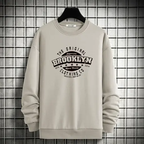 男士卫衣潮牌秋季上衣加绒加厚无帽套头圆领长袖t恤宽松潮流百搭商品大图