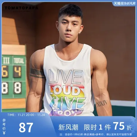 TOMATOPAPA原创背心男23夏彩虹字母印花logo潮牌吸汗马甲运动上衣图片
