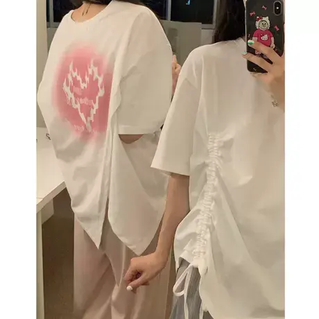 大码不规则开叉t恤女胖mm夏季宽松显瘦抽绳设计感上衣200斤ins潮商品大图